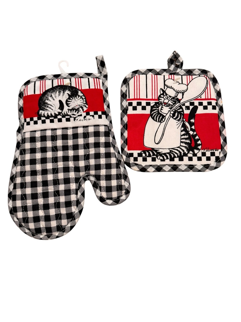 B Kliban Cat Vintage Oven Mitt Pot Holder Set NWOT 70s 80s Tabby Chef Gingham